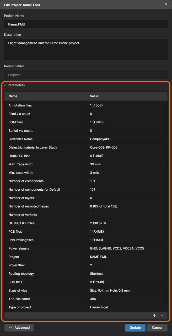 Edit server-side parameters for the project.